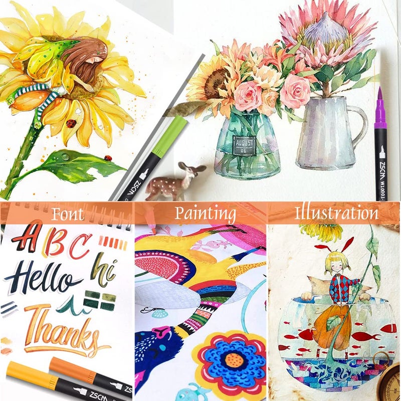 ZSCM QUALITY DECIDES THE FUTURE ZSCM 32 Colors Duo Tip Brush Markers Art Pen Set, Artist Fine and Brush Tip Colored Pens, for Adult Coloring Books Christmas Cards Drawing, Note taking Lettering Calligraphy Journaling - Image 5